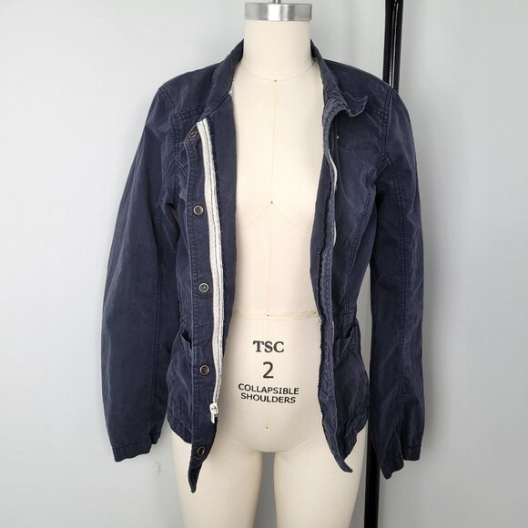 2010s Hollister Soft Faded Navy Utility Jacket Drawstring Waist, Button Front - Picture 4 of 12